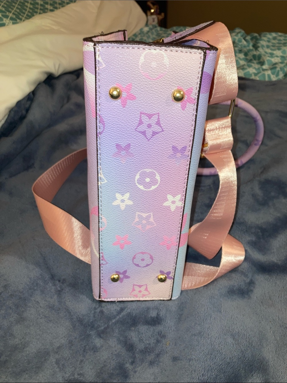 Designer-Inspired Lavender Floral Tote with Pink Strap - Picture 8 of 9